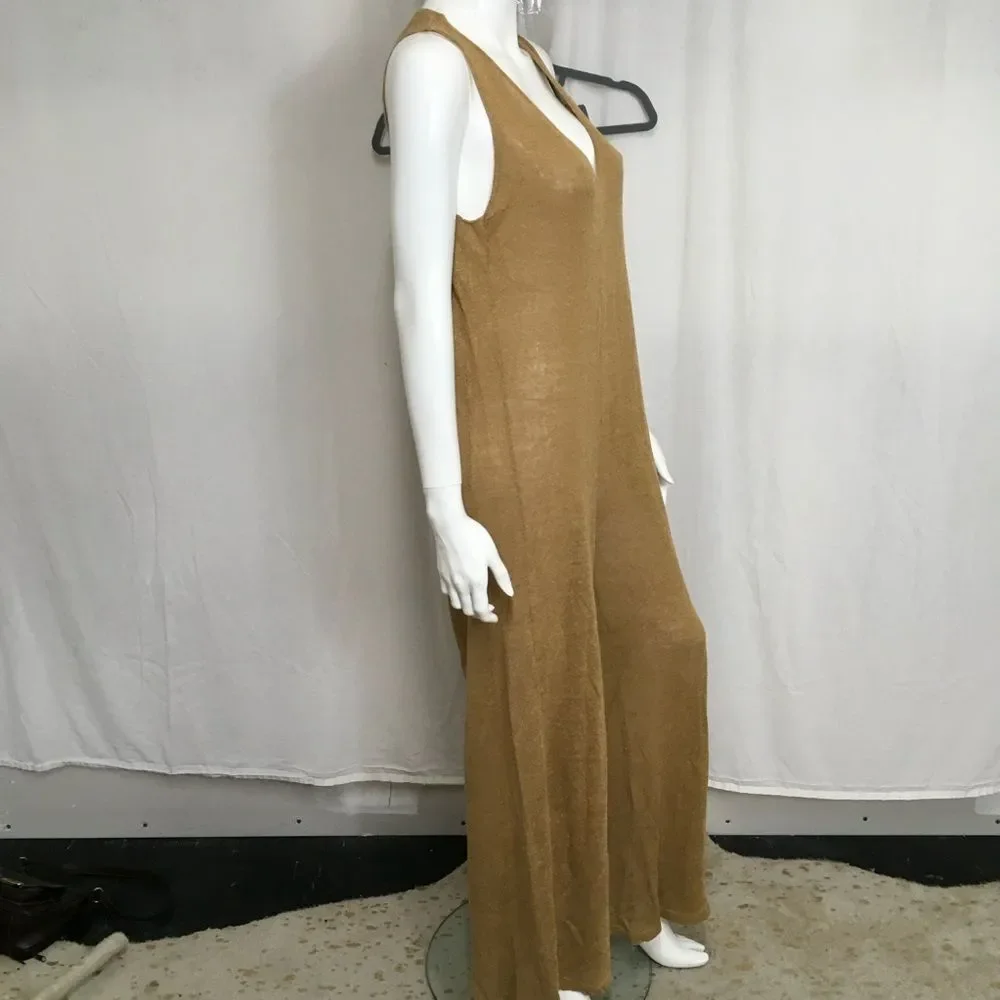 Zara Rustic Brown Linen Blend V-Neck Sleeveless Pull On Knit Jumpsuit Size S
